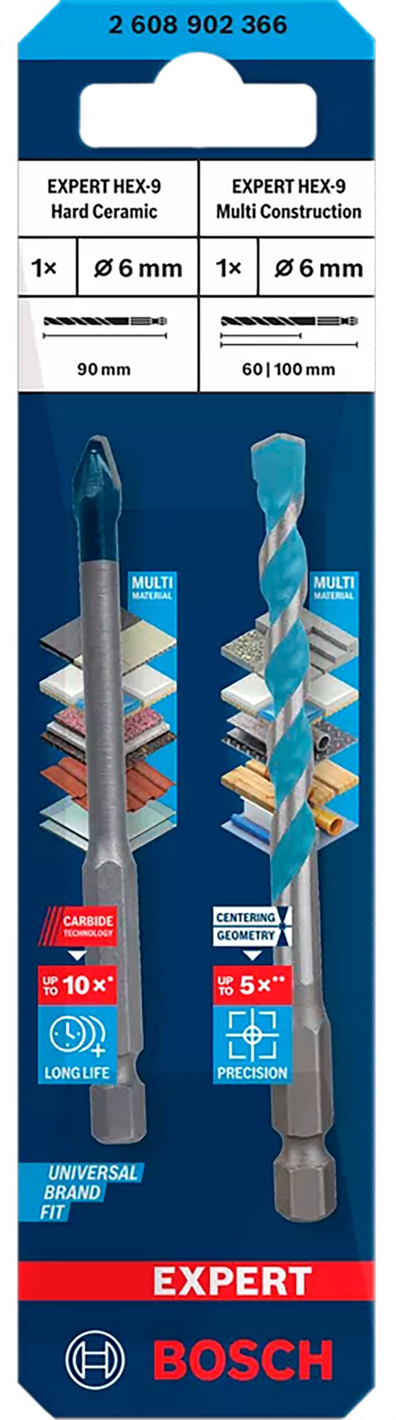 Pz. Bosch Conjunto de brocas expert hex-9 hard ceramic y hex-9 multi construction Ø 6mm