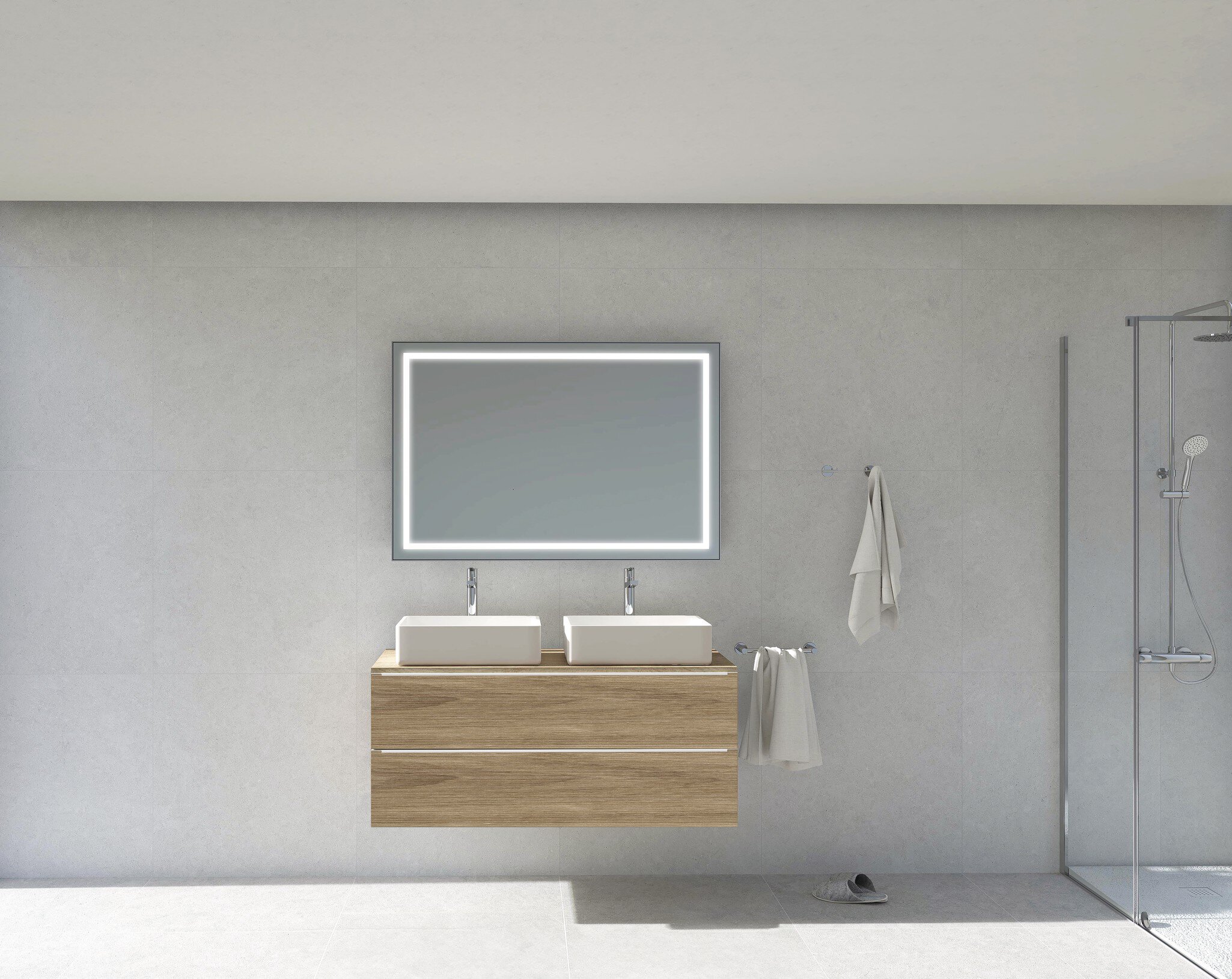Conjunto Baho Lucca 2 cajones suspendido 100 roble natural + tirador blanco + espejo 100x80
