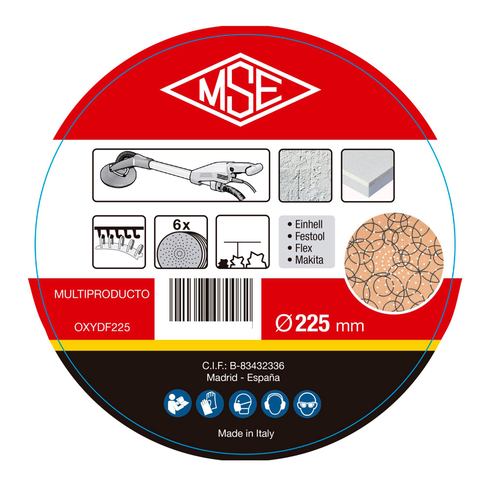Pack 6 Un. Discos Cevik de lija 225mm Oxy multiperforados grano 80